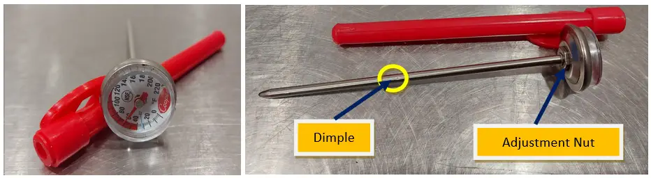 Bimetallic  stemmed thermometer showing the dimple and adjustment nut