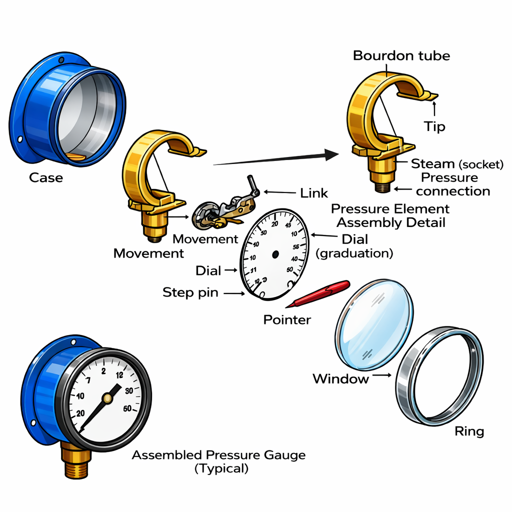 a typical exploded view of analog pressure gauge